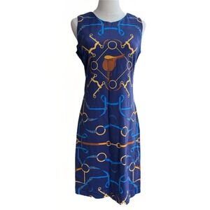 J. McLaughlin Equestrian Sheath Dress Sleeveless Blue Horse-Bit Belting Print